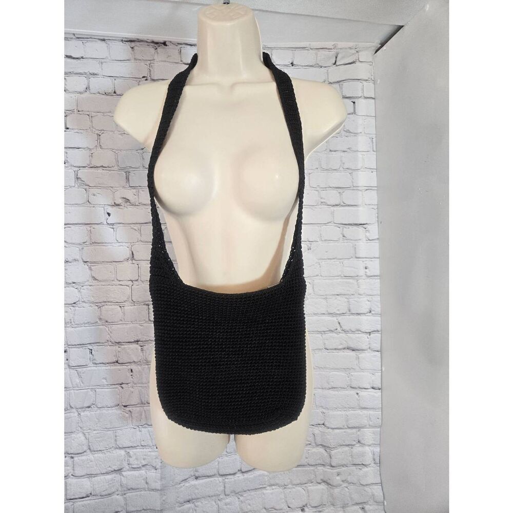 Divine Womens Black Crotcheted Wide Strap Shoulder Bag